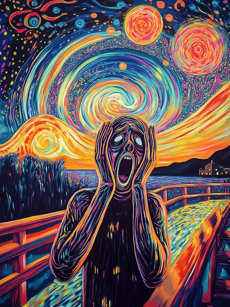 Scream inspired by Munch, Reimagined Masterpiece in Synthwave Cyberpunk style .