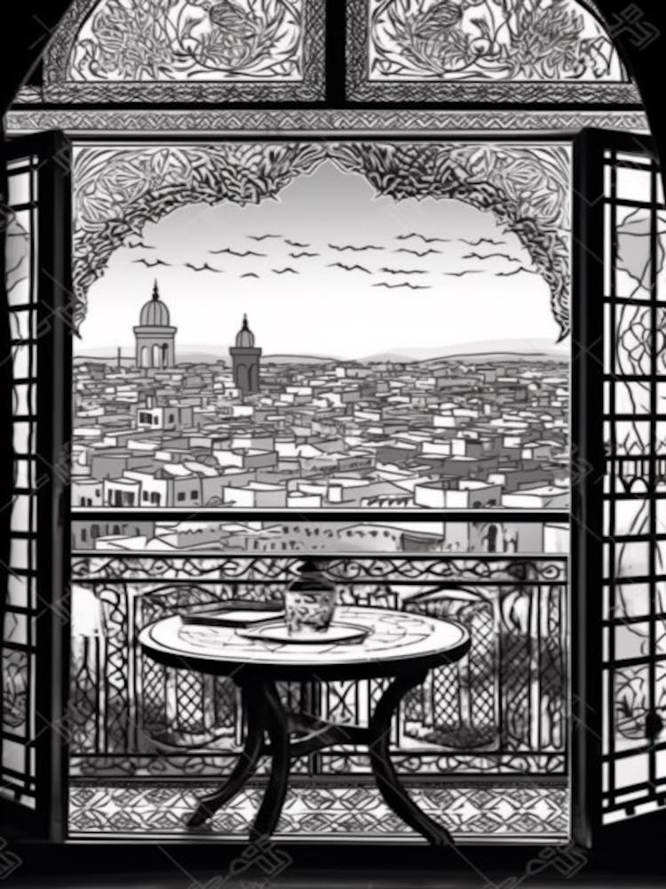 A Window View Of Marrakech In The Style Of Black And White  Line Art 2