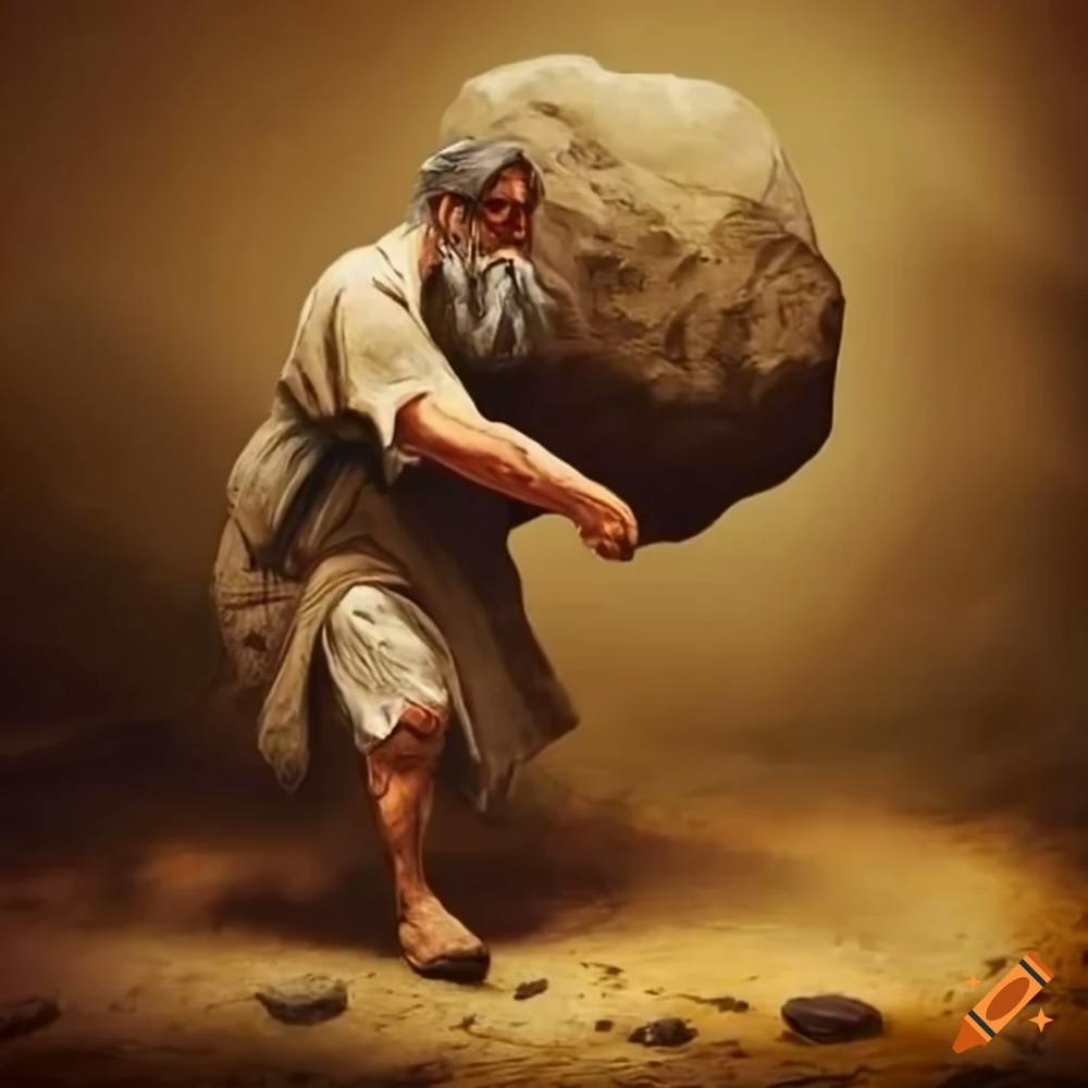 In Ancient Time Old Peasant Pushing Rock From A Dirt Roadwy