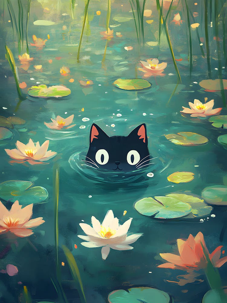 Cute Cat Swimming Among Water Lilies 5