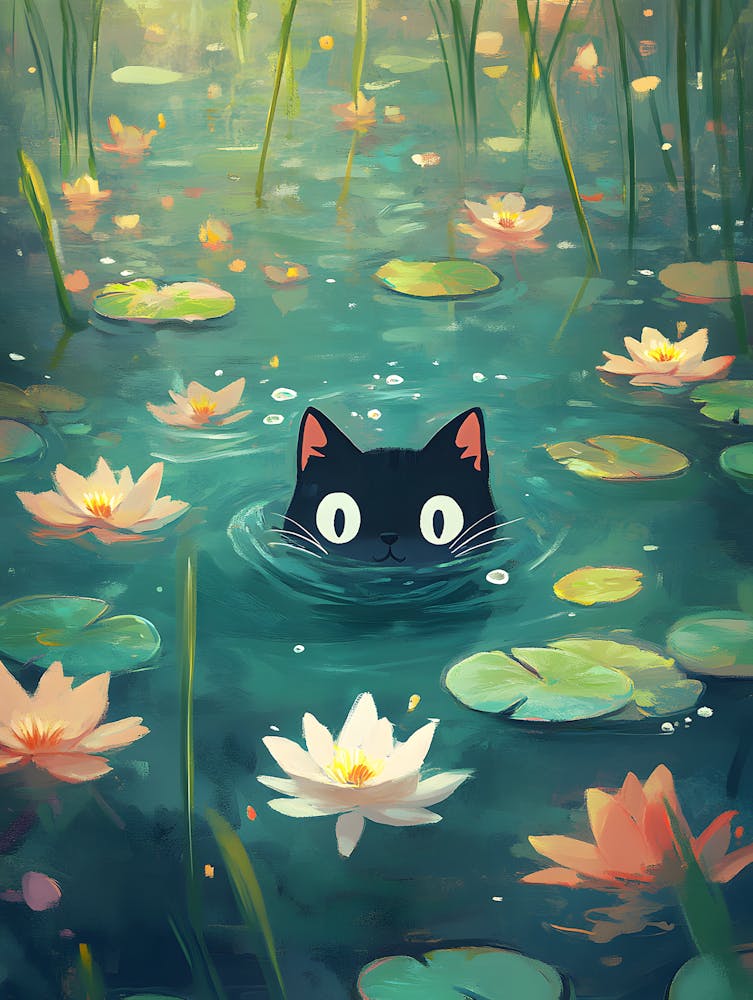 Cute Cat Swimming Among Water Lilies 5