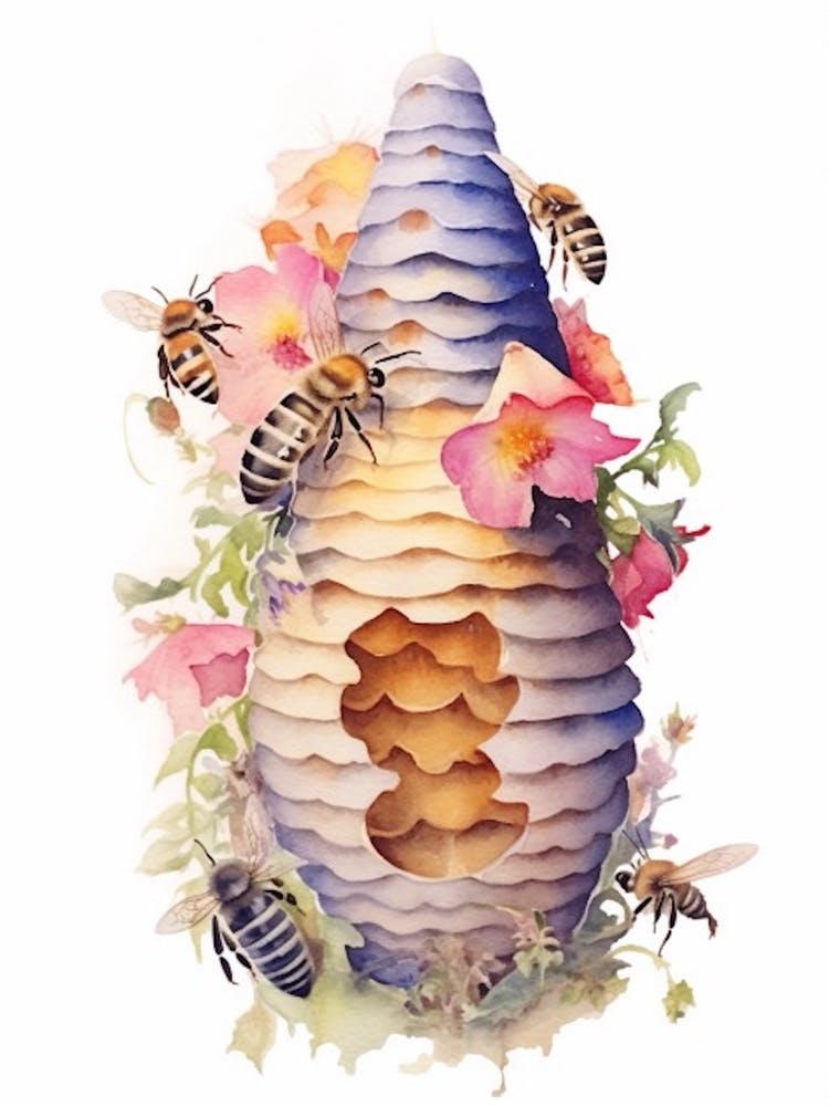 Beehive With Snapdragons Watercolour Illustration 4