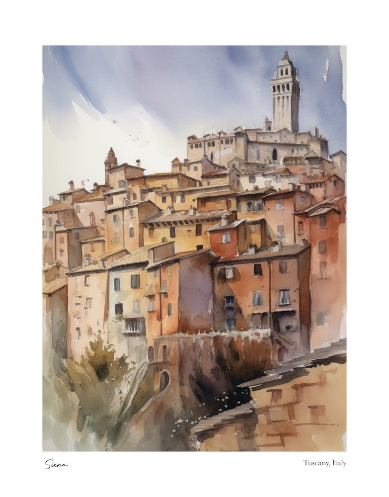 Siena, Toskana, Italien 4 Aquarell-Reiseposter
