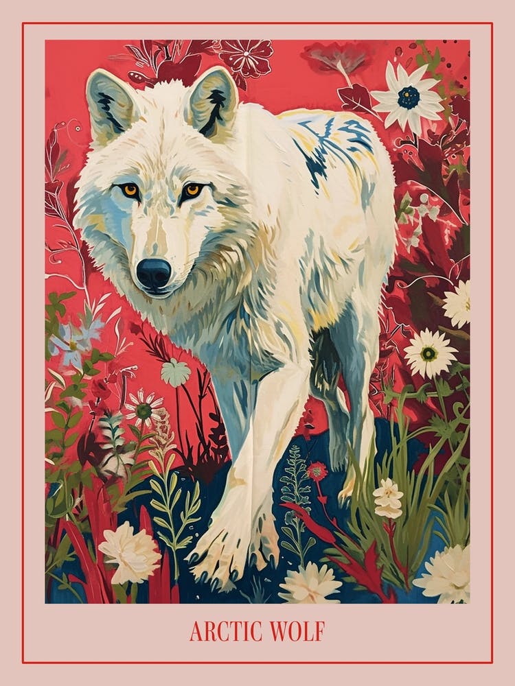 Floral Animal Painting Arctic Wolf 2 Poster