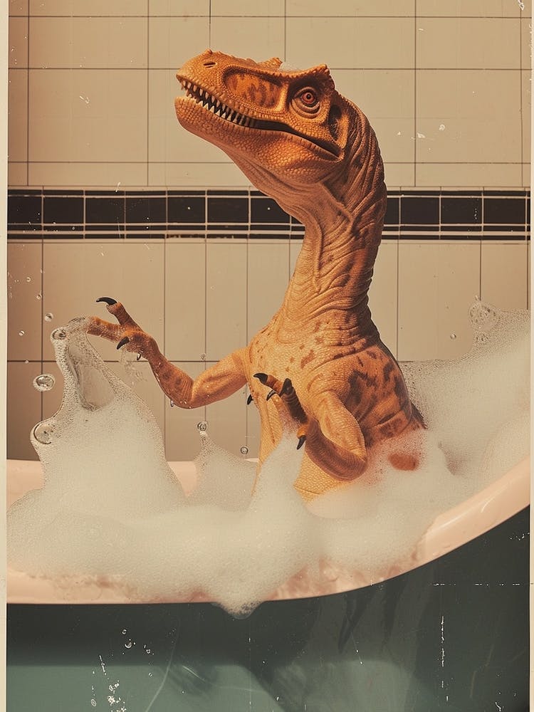 Dinosaur In The Bubble Bath Retro Collage 1