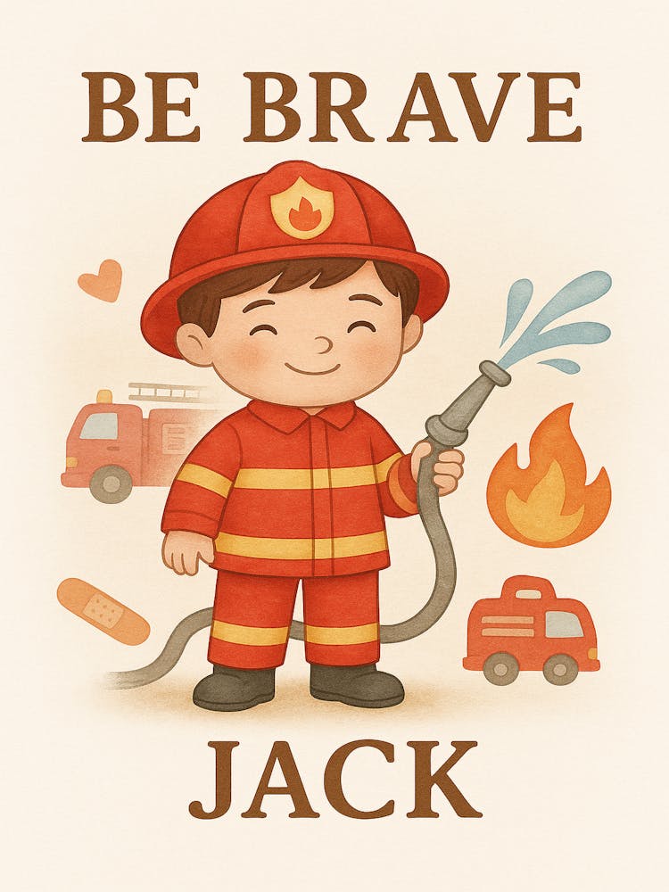 Personalized Firefighter Boy Wall Art – Be Brave, Jack – Custom Name Kids Room Decor – Watercolor Nursery Print