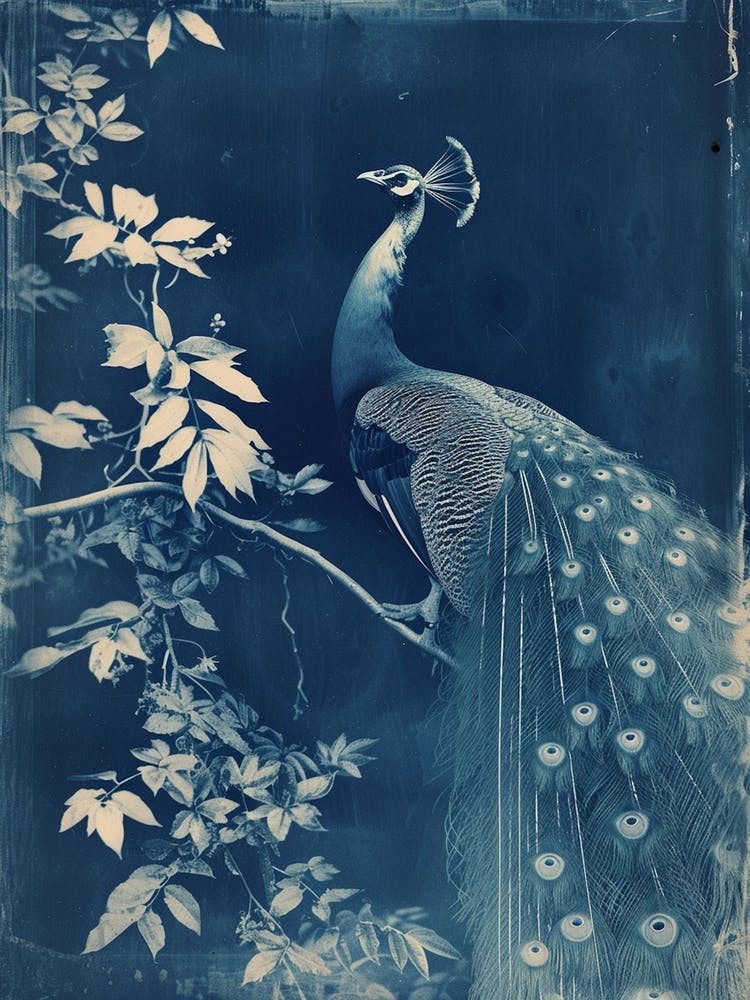 Peacock In The Leaves Cyanotype Inspired 3