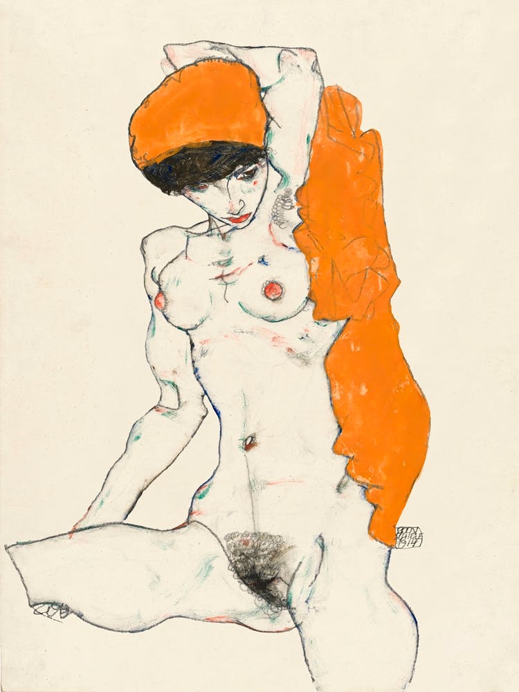 Vulgar Naked Woman; Standing Nude with Orange Drapery (1914), Egon Schiele