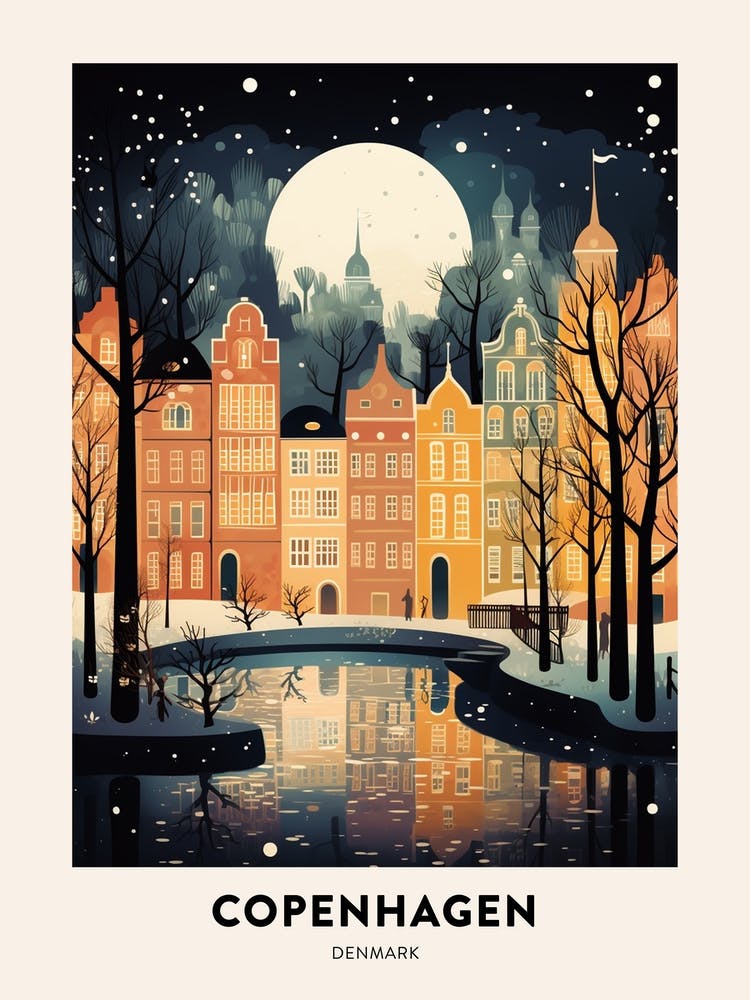 Winter Night  Travel Poster Copenhagen Denmark 2