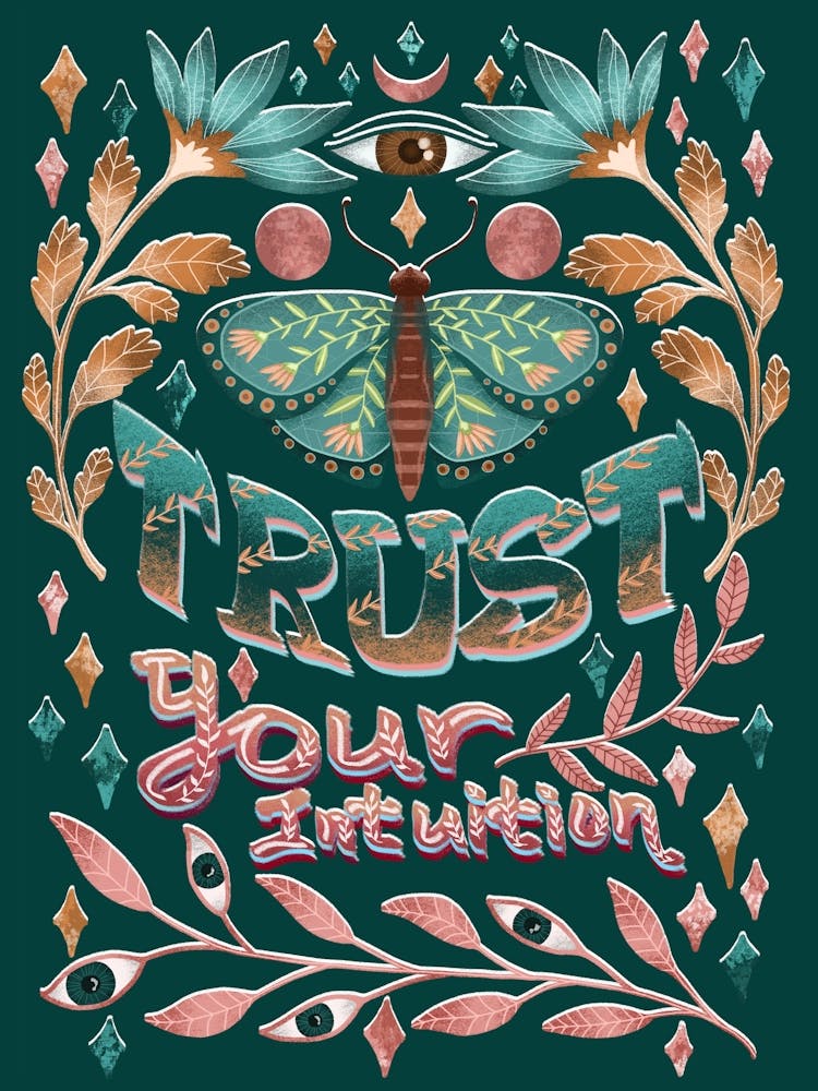 Trust your intuition spiritual artwork with beautiful green butterfly and flowers