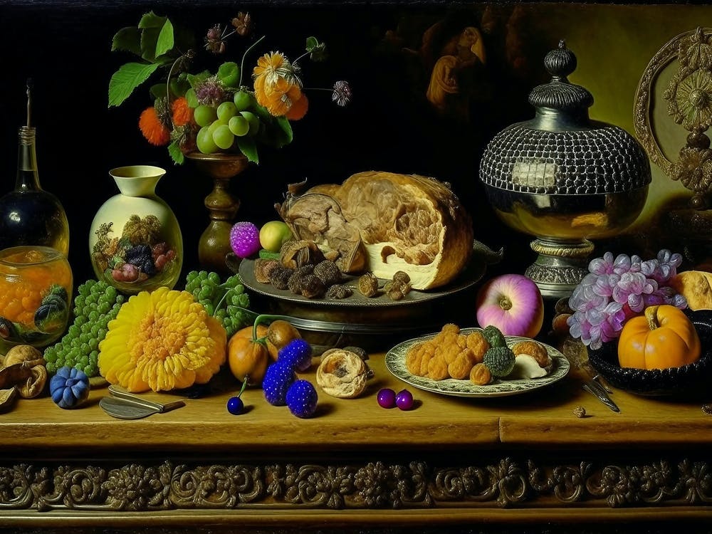 Table With Fruits And Flowers