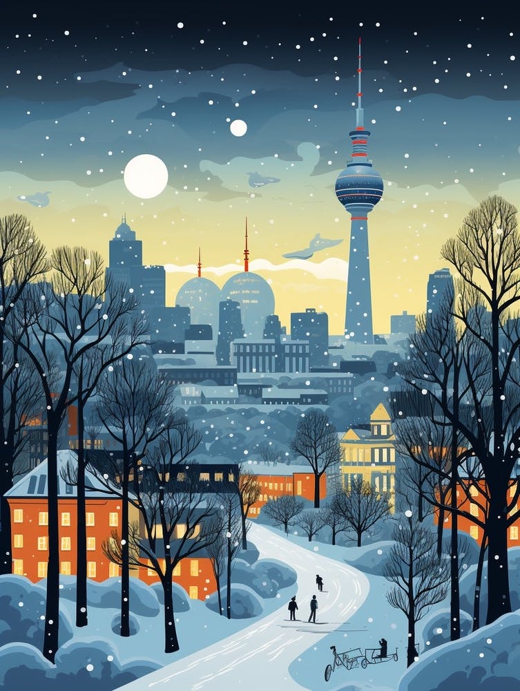 Winter Travel Night Illustration Berlin Germany 2