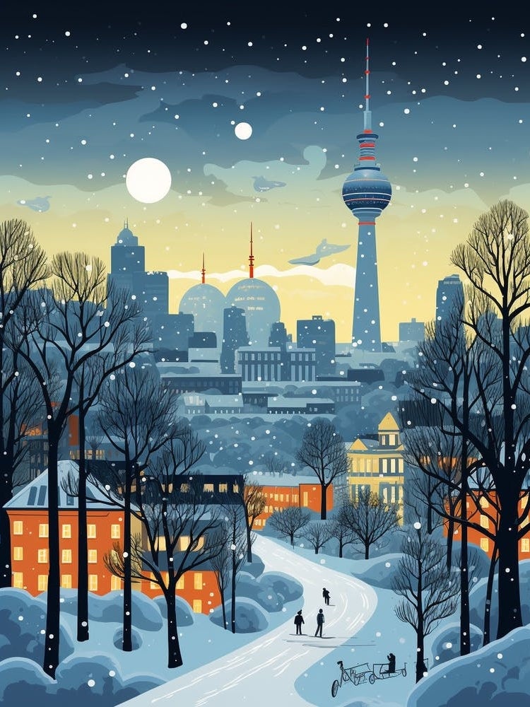 Winter Travel Night Illustration Berlin Germany 2