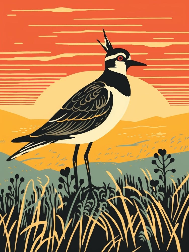 Vintage Bird Linocut Lapwing 4