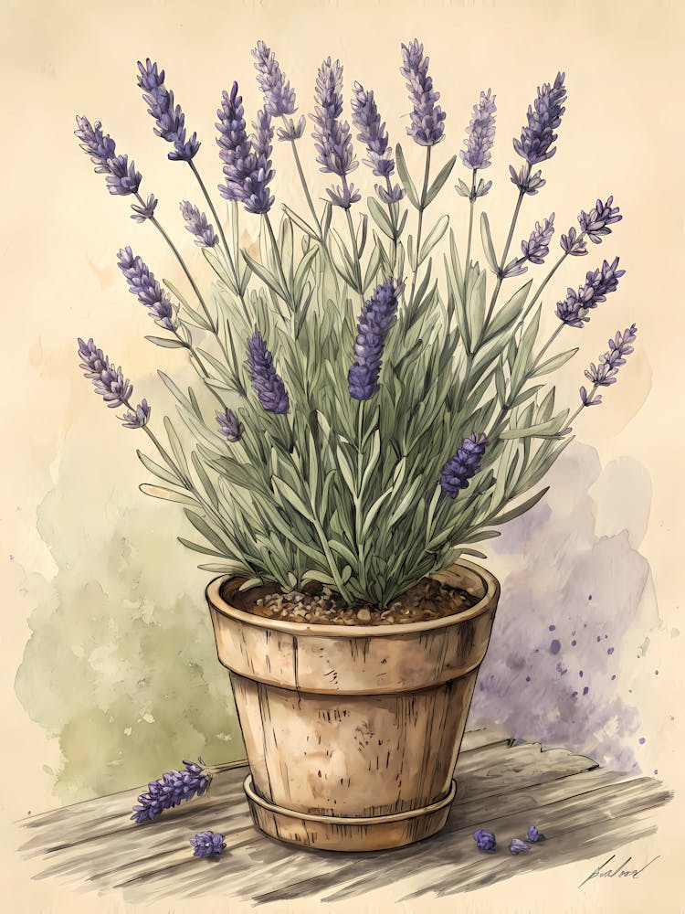 Oil Painting Style Potted Lavender In Vintage Ink