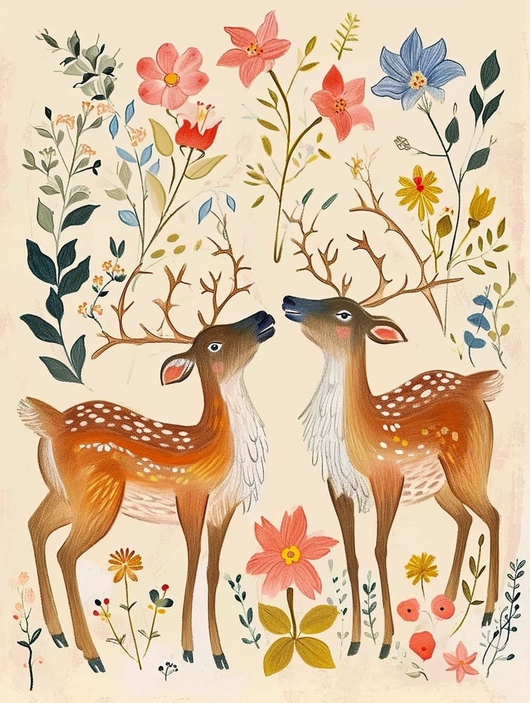 Folksy Floral Animal Drawing Caribou 2