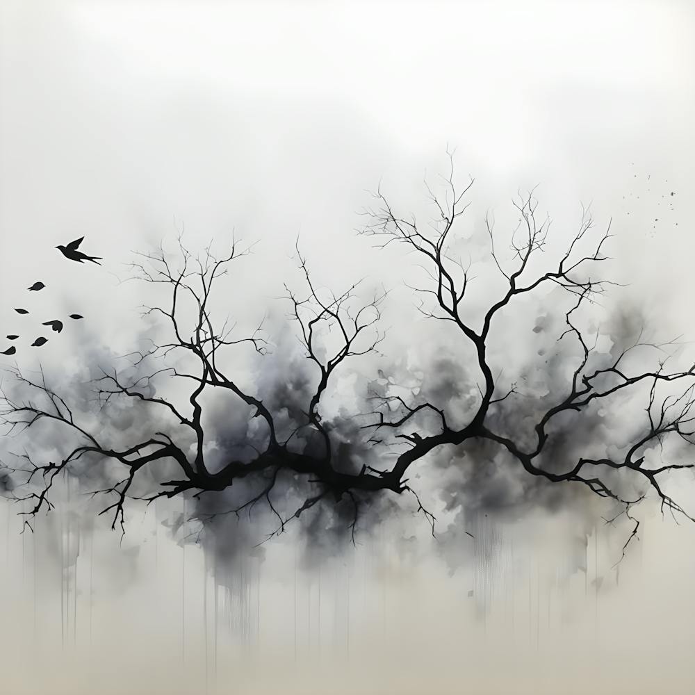Shadows in Silence – Minimalist Illustration of Branches and Birds in Flight, Inspired by Winter's Melancholy