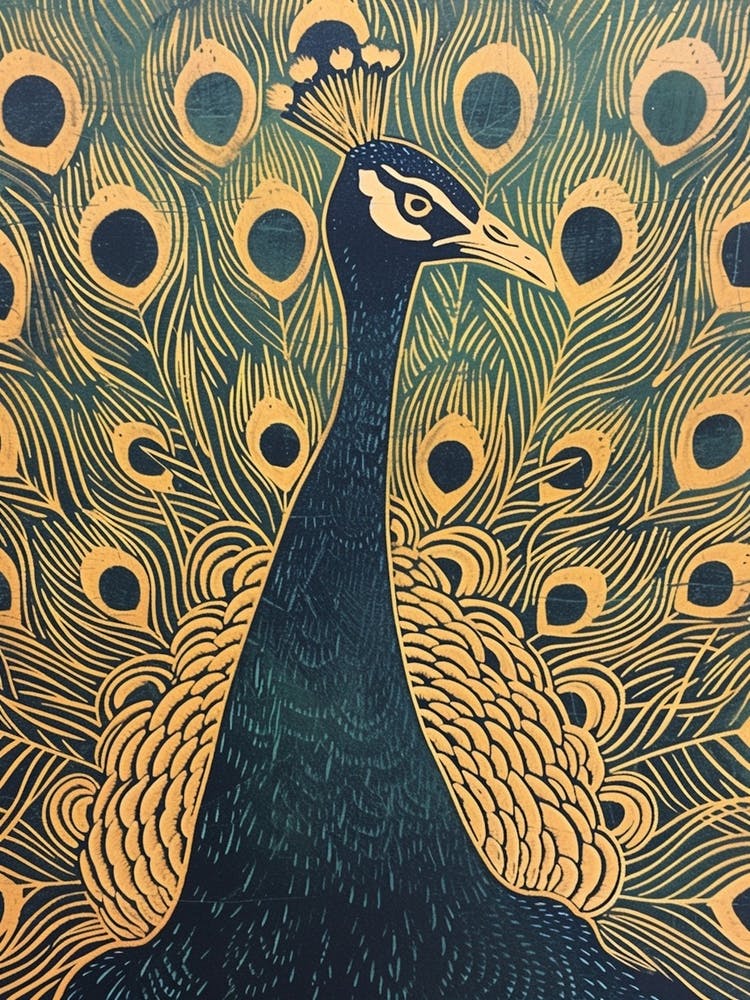 Blue Mustard Linocut Inspired Peacock Feather 2