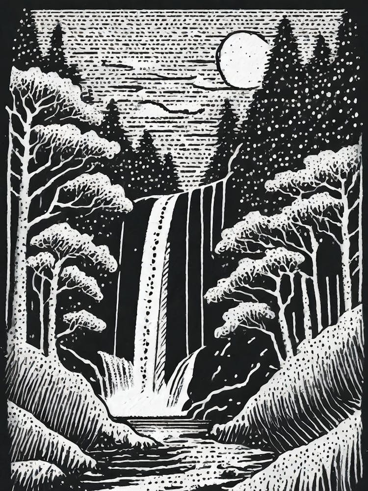 A Majestic Waterfall In A Lush Forest Setting Ukiyo-E Style