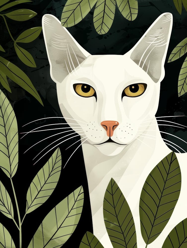 White Cat With Green Leaves