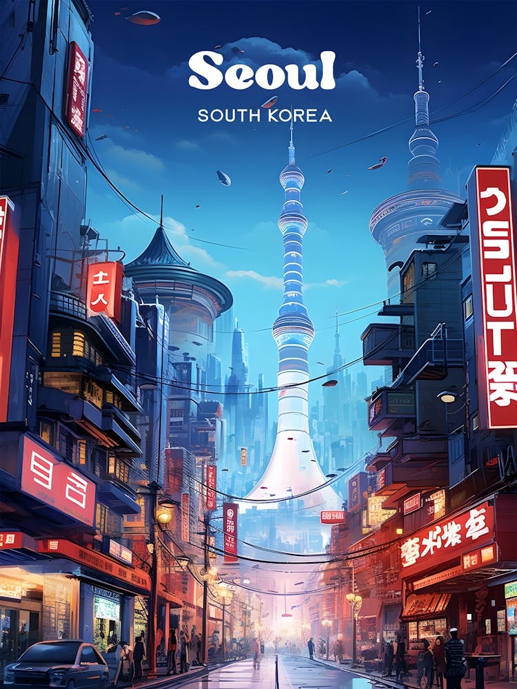 Seoul South Korea Nighttime Modern Travel Art
