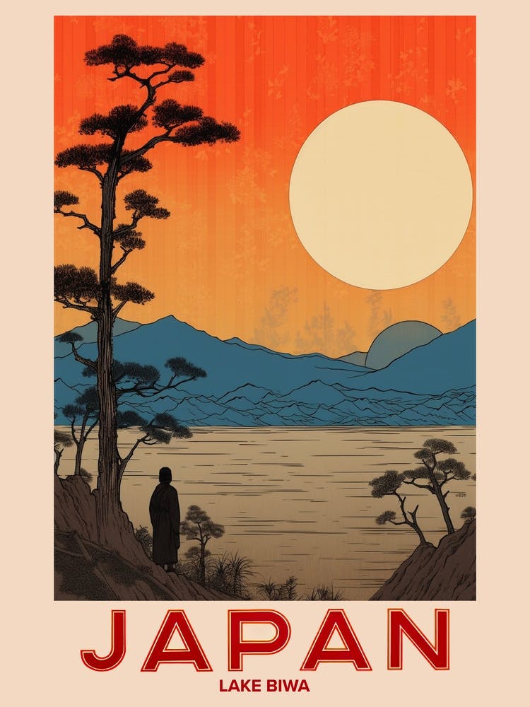 Lake Biwa, Visit Japan Vintage Travel Art 4