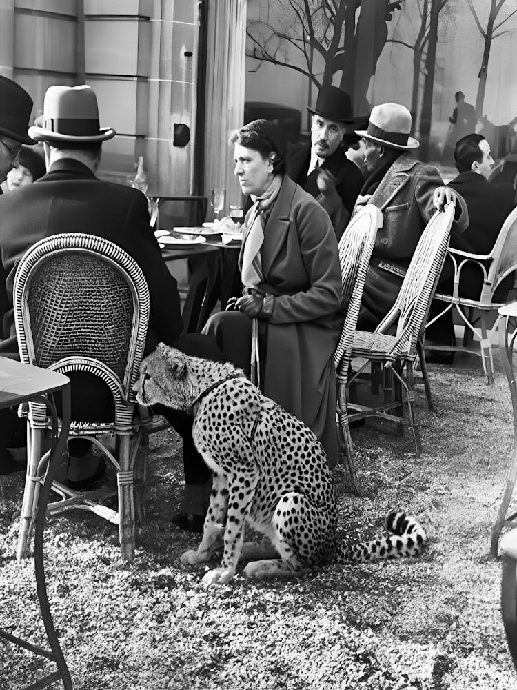 Cheetah At The Cafe With Lady, Ocelot, Vintage Black and White Old Photo