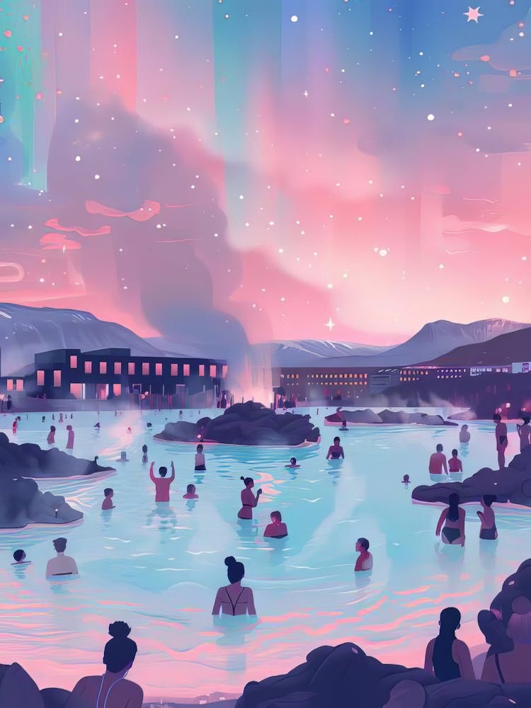 Iceland Print Iceland Illustration Reykjavik Print Blue Lagoon Poster Gift Iceland Painting Aurora Borealis Print Northern Lights Print(1)
