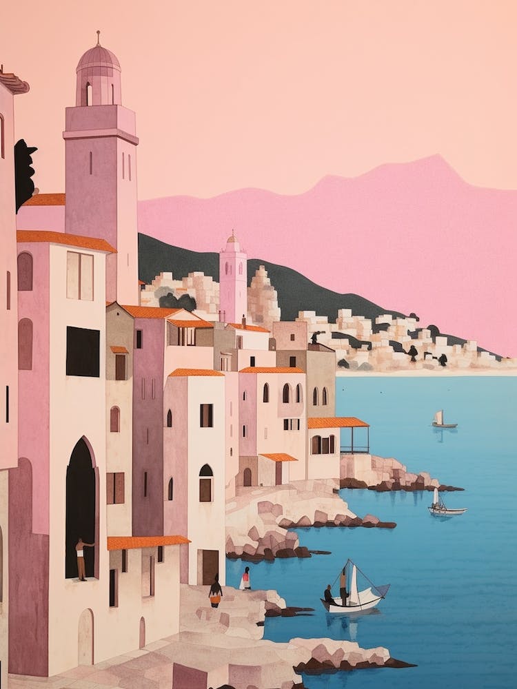 Budva Montenegro 1 Vintage Pink Travel Illustration