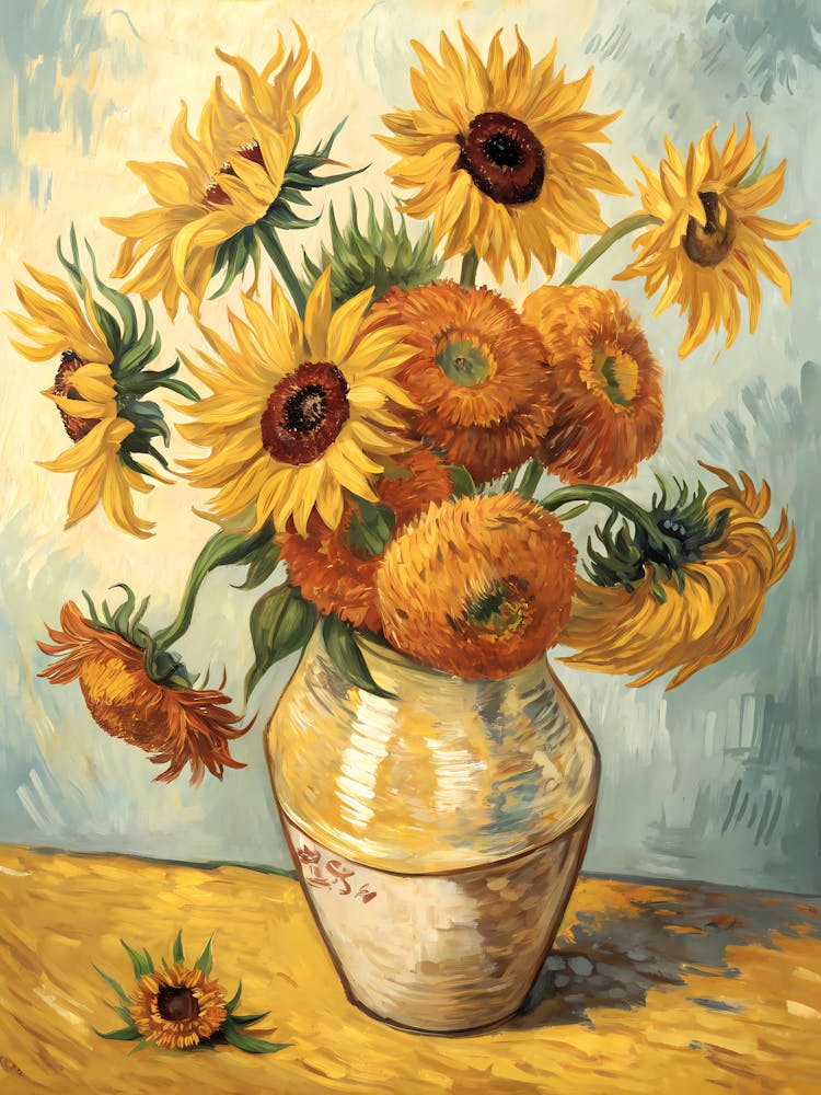Van Gogh Style Sunflowers Classic Floral Still Life oil Painting with Vase