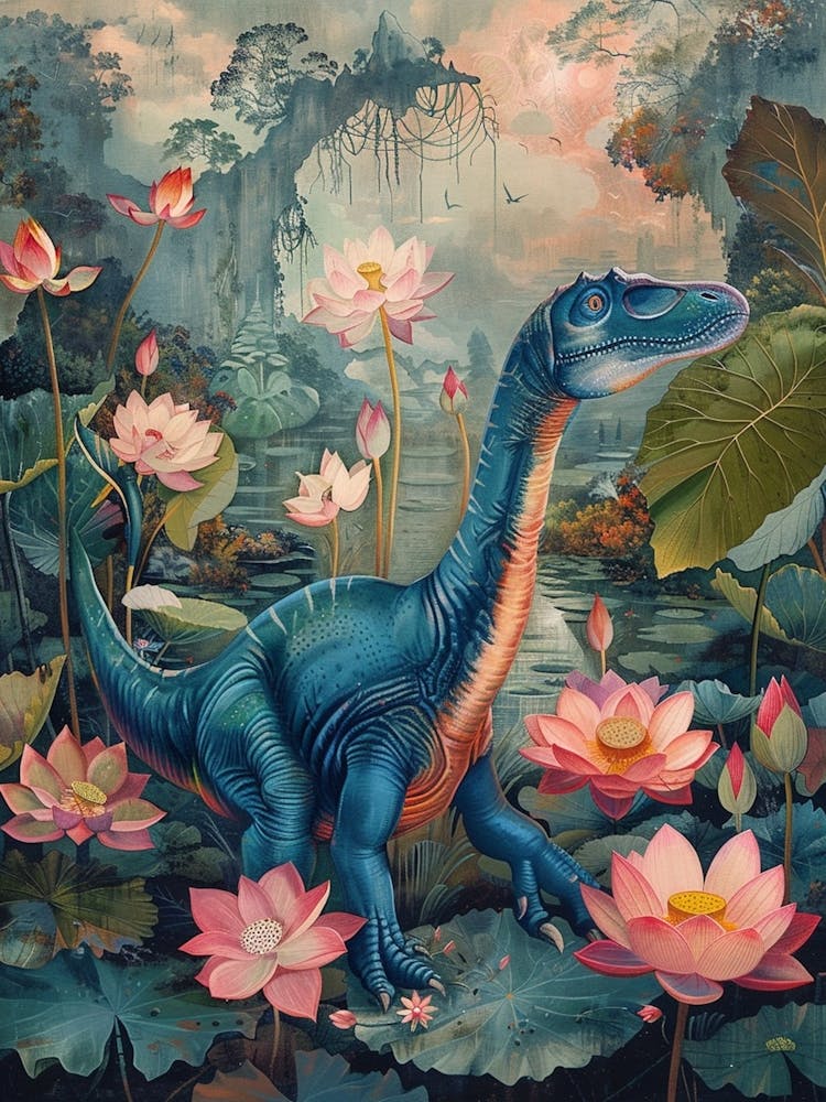 Dinosaur With Lotus Flowers Painting 1