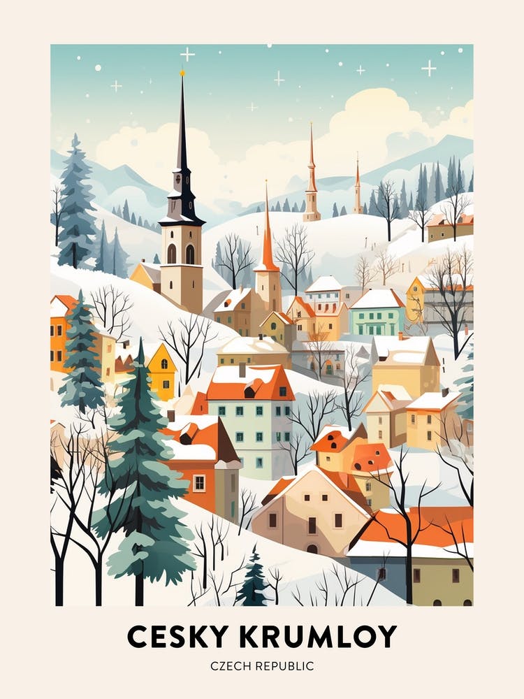 Vintage Winter Travel Poster Cesky Krumloy Czechia 4
