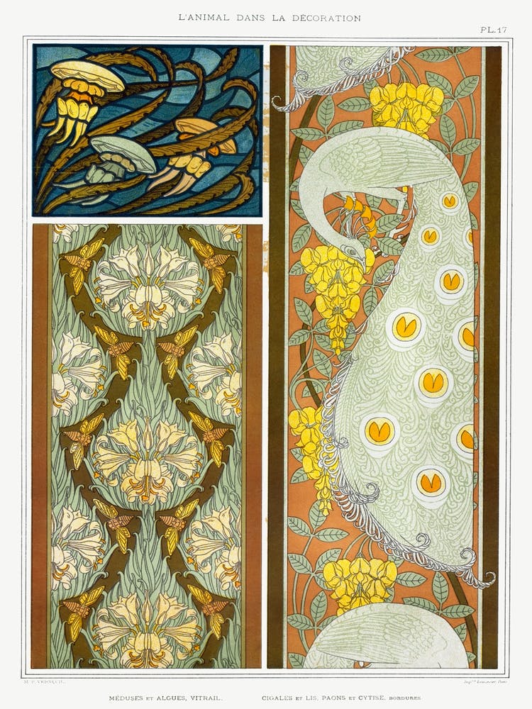 Jellyfish And Algae; Cicadas And Lilies; Peacocks And Laburnum From The Animal In The Decoration (1897), Maurice Pillard Verneuil