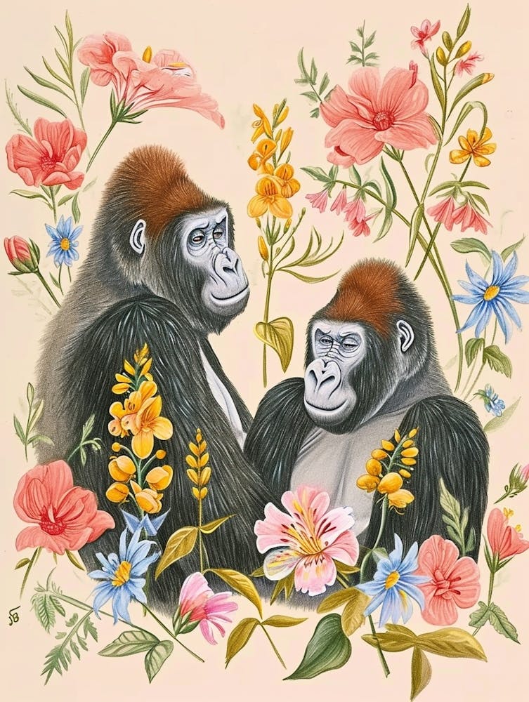 Folksy Floral Animal Drawing Gorilla 5