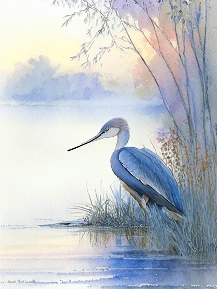 Blue Heron On Lake Gouache 1