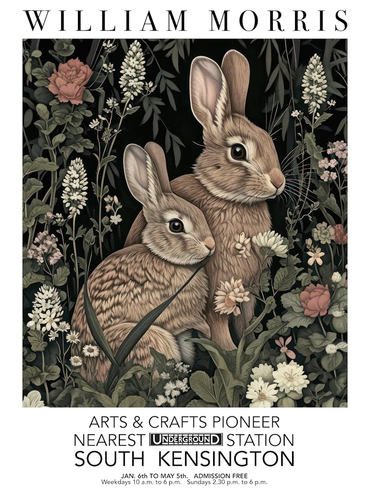William Morris Print Rabbit With Bunny Portrait Valentines Mothers Day Gift