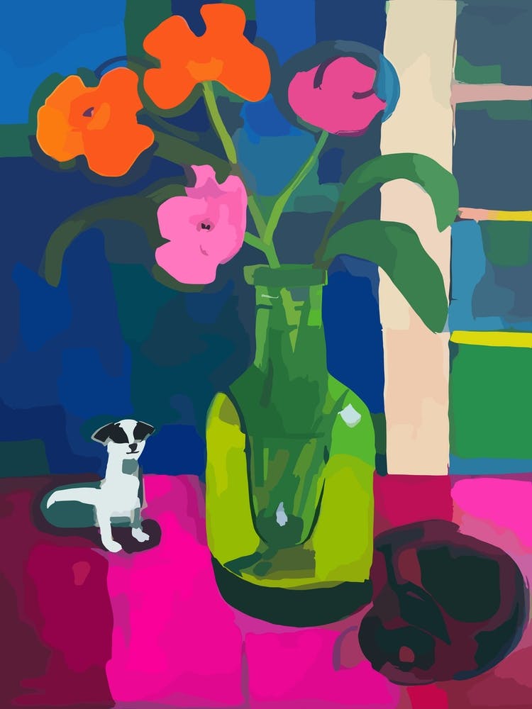 Gemälde eines Stilllebens mit Wicken und einer Katze im Stil von Matisse 1