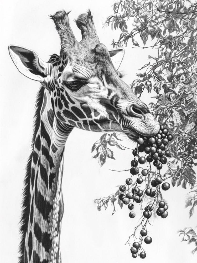 Giraffe Eating Berries Pencil Drawing 3