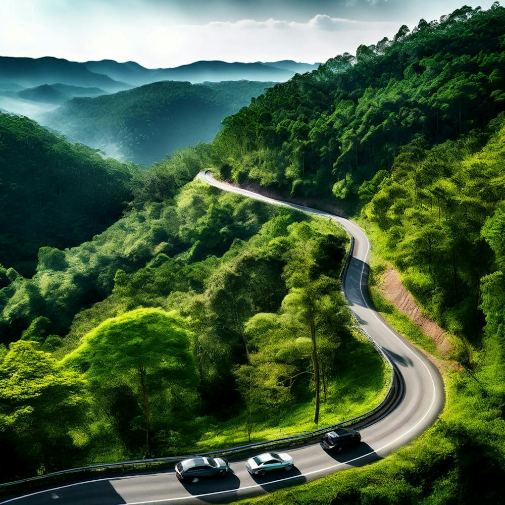 Treetop Car Scenic Tour Tourism Country Rural Green Zigzag Drive Road Background Topview (6)