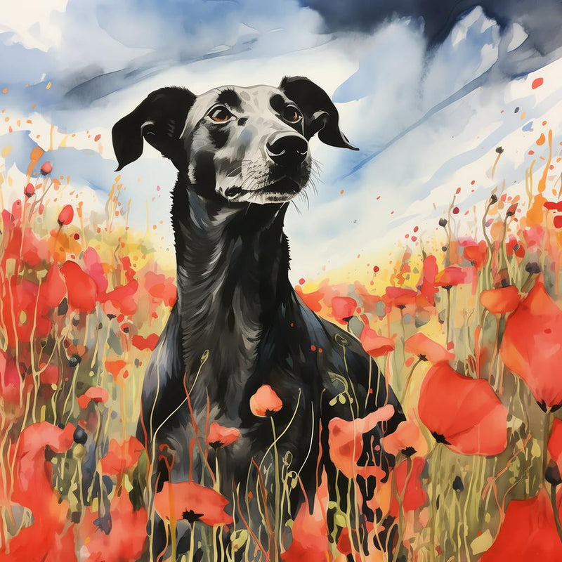 Schwarzer Greyhound Porträt im Mohnfeld