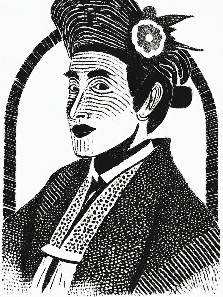 Ein Porträt eines Kabuki-Schauspielers in voller Kostümierung im Ukiyo-E-Stil