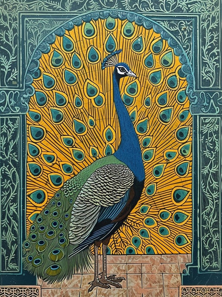 Blue Mustard Art Deco Inspired Peacock