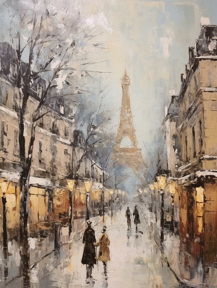 Vintage Winter Painting Paris France 1
