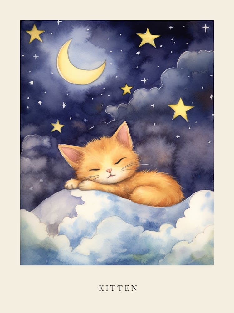 Baby Kitten 4 Sleeping In The Clouds Nursery Poster