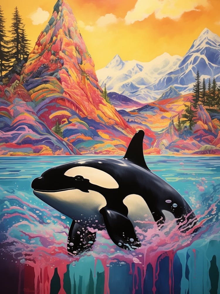 Vivid Surreal Rainbow Orca Whale With Mountain 1