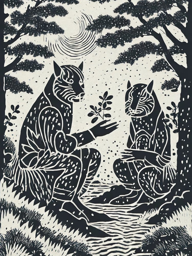 A Mythical Scene Of Tengu Spirits In A Forest Ukiyo-E Style