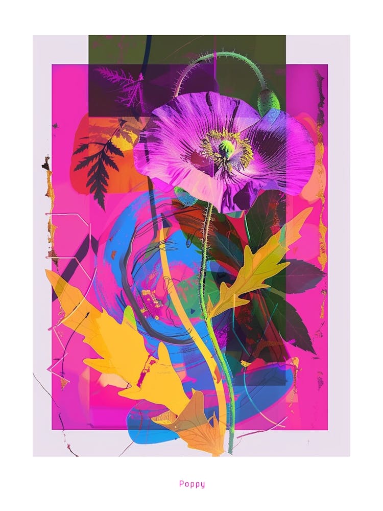 Poppy 1 Neon Flower Collage Poster