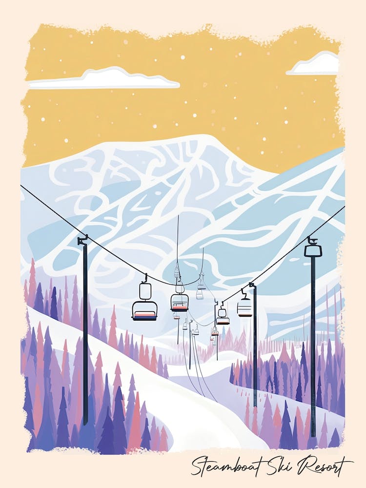 Poster von Steamboat Ski Resort Colorado, Usa, Skigebiet Pastellfarben Illustration 1