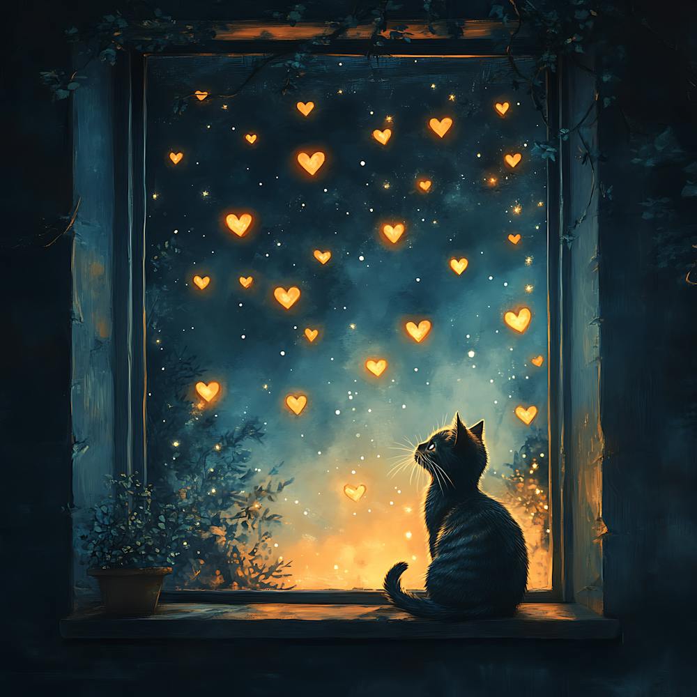 Dreamy Night Sky with Heart Stars Cat 13