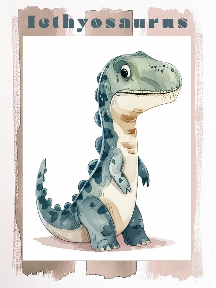 Cute Cartoon Icthyosaurus Dinosaur Watercolour 2 Poster